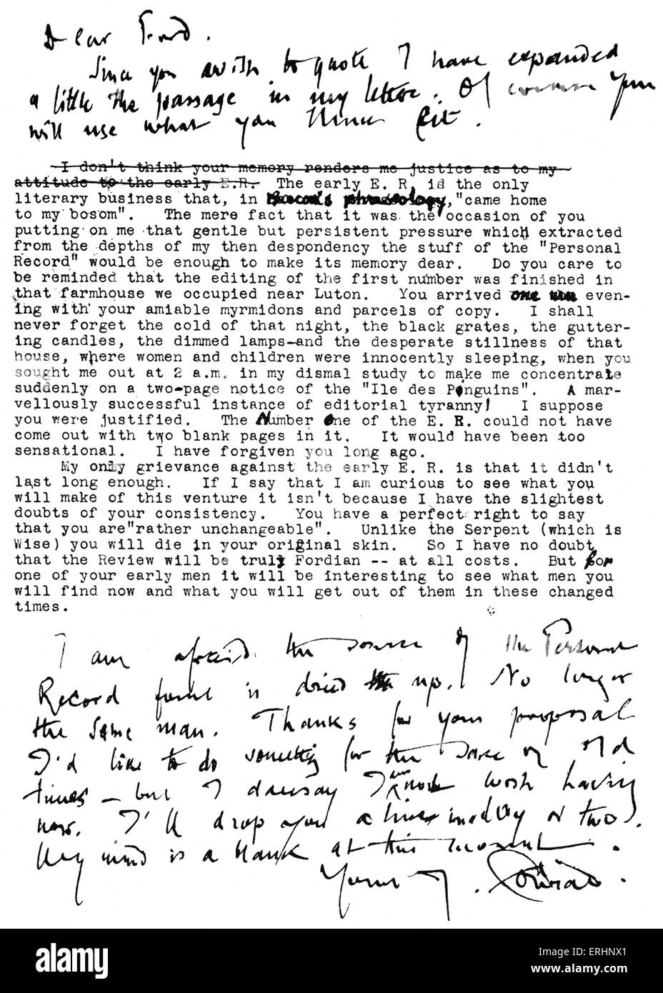 Joseph Conrad - manuscrit dactylographié et lettre de Joseph Conrad à Ford Madox Ford. Romancier anglais d'origine polonaise. 3 Décembre Banque D'Images