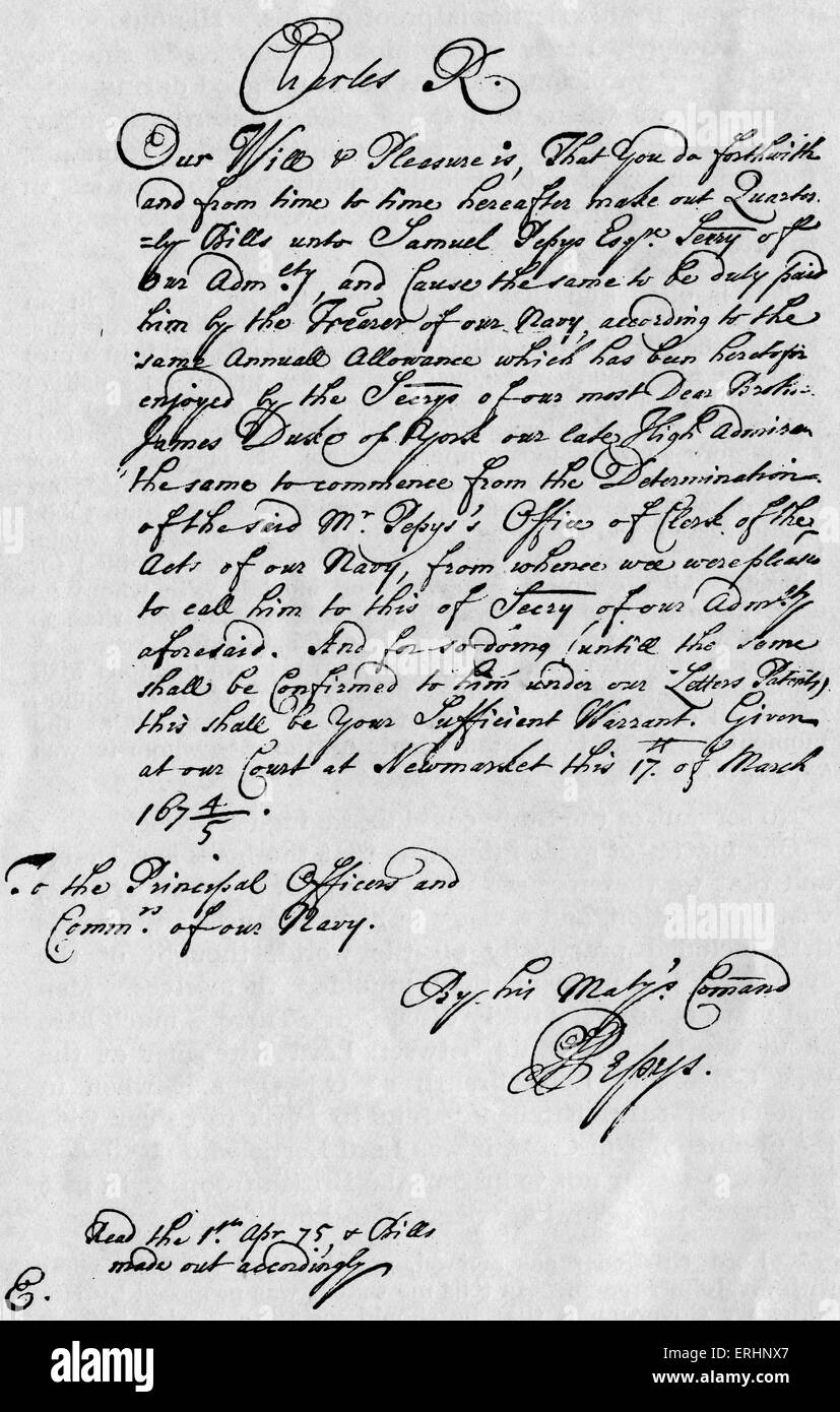 Samuel Pepys - lettre envoyée à Charles R concernant la marine. les allocations trimestrielles Signé par Pepys en sa qualité de Royal Naval Banque D'Images Samuel Pepys - lettre envoyée à Charles R concernant la marine. les allocations trimestrielles Signé par Pepys en sa qualité de Royal Naval Banque D'Images