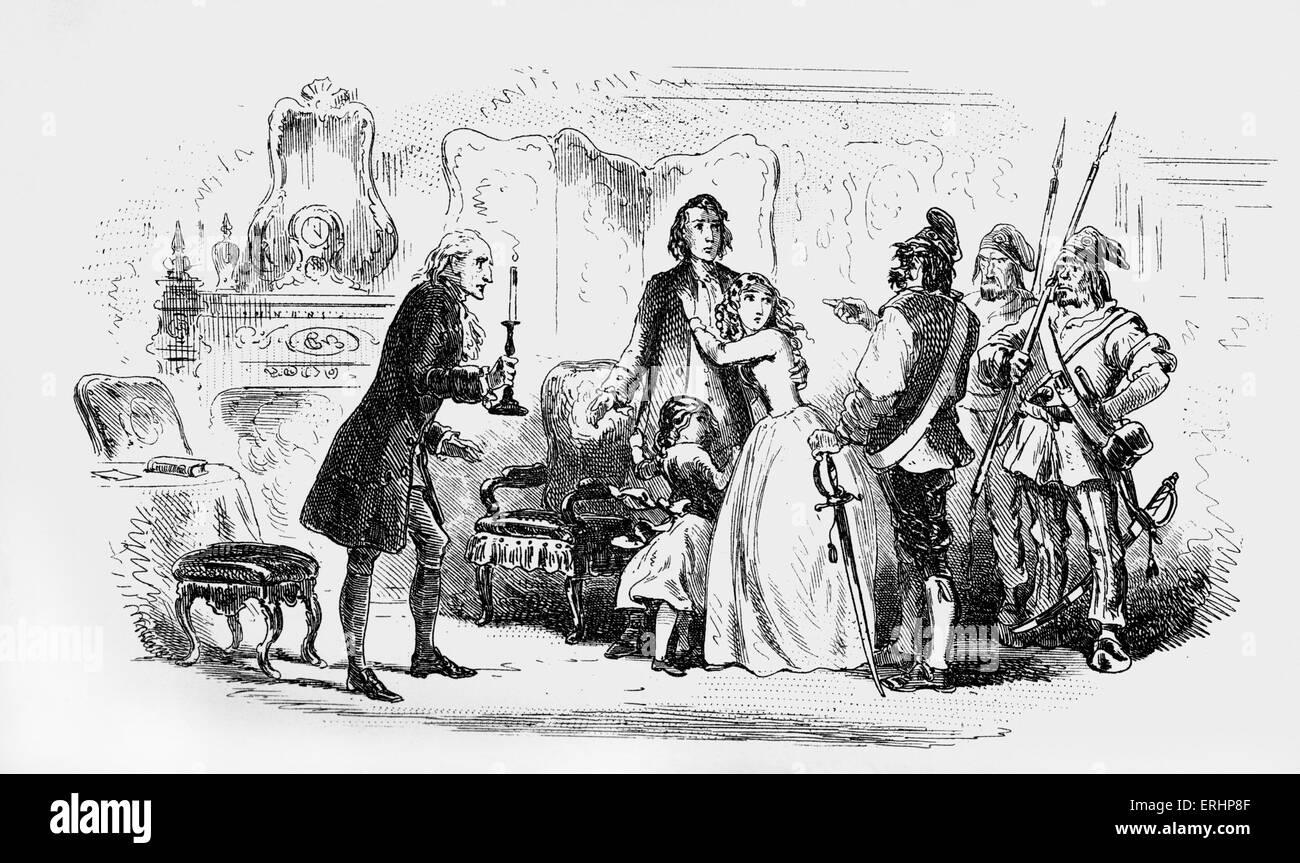 Charles Dickens's 'A tale of two cities' : Le sous-titre suivant : frapper à la porte -. Quatre hommes armés de sabres et de pistolets livre sur la porte et entrez dans l'appartement de la famille. Ils informent qu'il Evrémonde est un prisonnier à nouveau. CD : romancière anglaise, 7 février 1812 - 9 juin 1870. Illustration par George Cruikshank : Anglais caricaturiste et illustrateur de livres, de 1792 à 1878. Banque D'Images