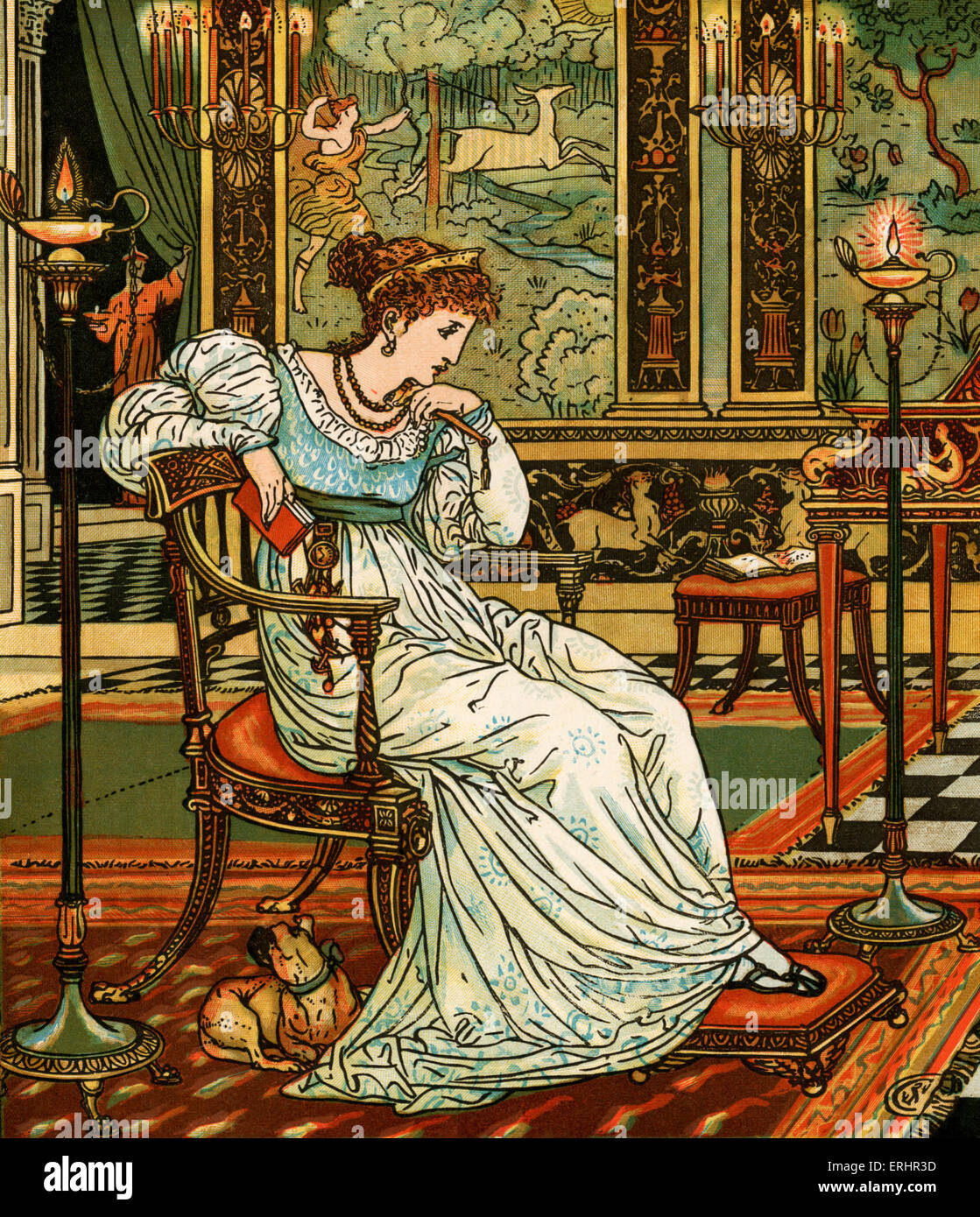 Les pattes postérieures dans le bois - Illustration de Madame d'Aulnoy conte de fées. Femme pensivement assis avec livre.conçu par Walter Banque D'Images