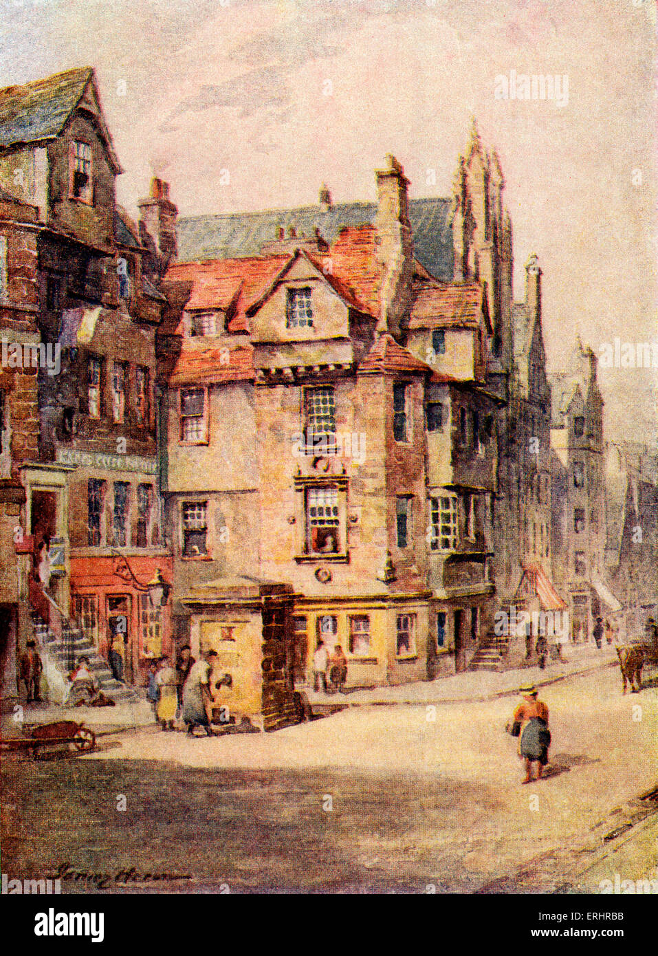 La maison de John Knox - High Street, Édimbourg. À partir de 'Paris' par Robert Louis Stevenson. JK : pasteur écossais, un leader de la Réforme protestante, c 1510 - 24 novembre 1572. Rl : poète, romancier écossais, billet d'auteur, 13 novembre 1850 au 3 décembre 1894. Illustration par James Heron. Banque D'Images