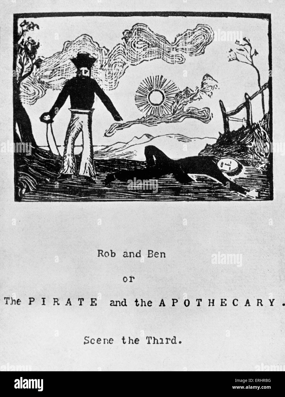 Page de titre de scène 3 de 'Rob et Ben' - (Le Pirate et l'apothicaire). En 1880-1882, Robert Louis Stevenson et son pas- Banque D'Images