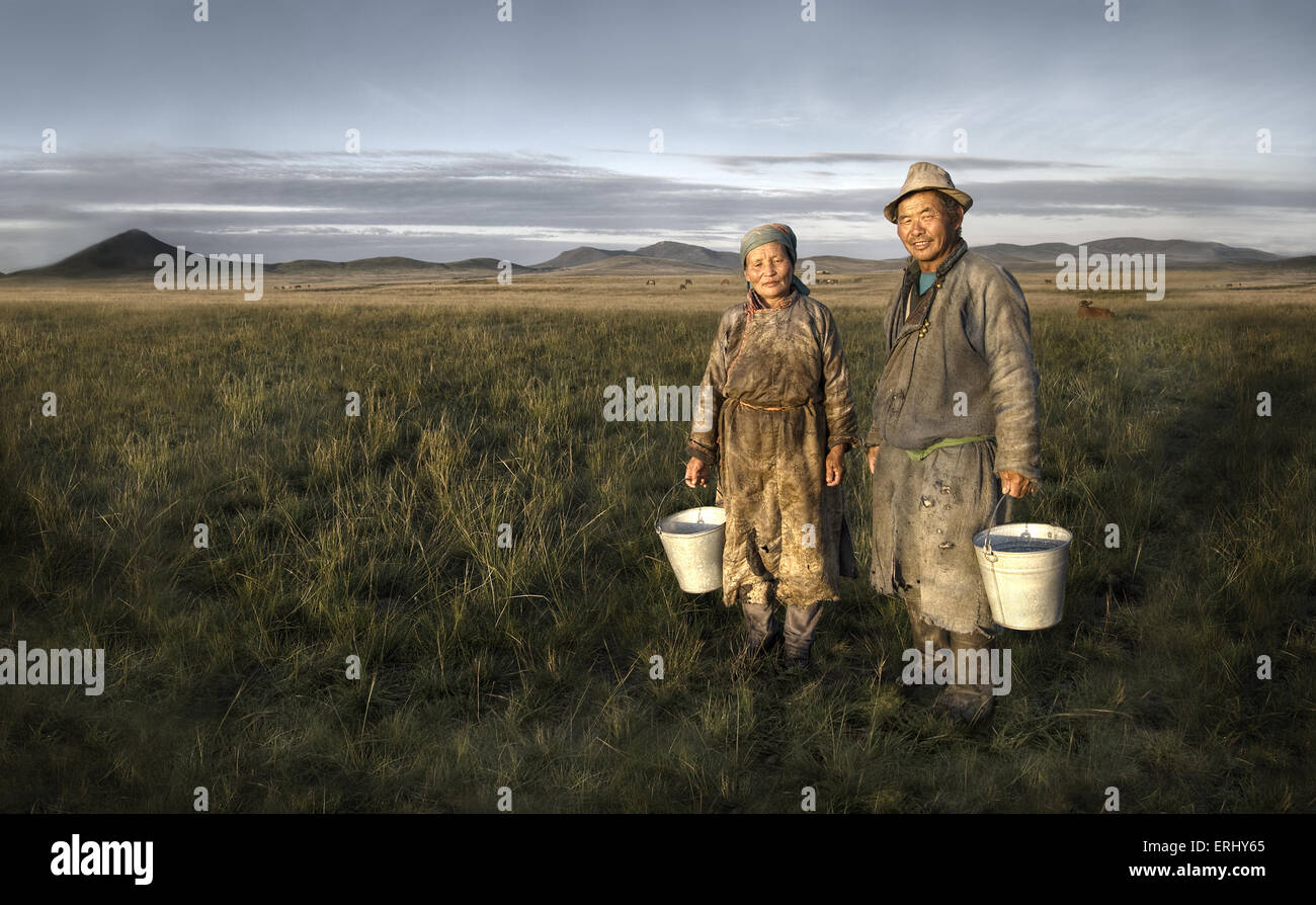 Couple mongol tranquille Paysage d'Agriculture de terrain Banque D'Images