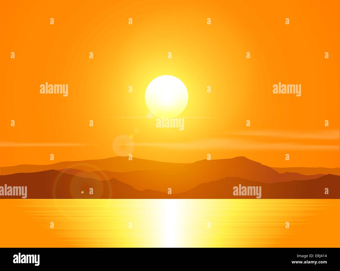 Paysage avec le coucher du soleil au bord de la mer plus de montagnes. Vector illustration. Illustration de Vecteur