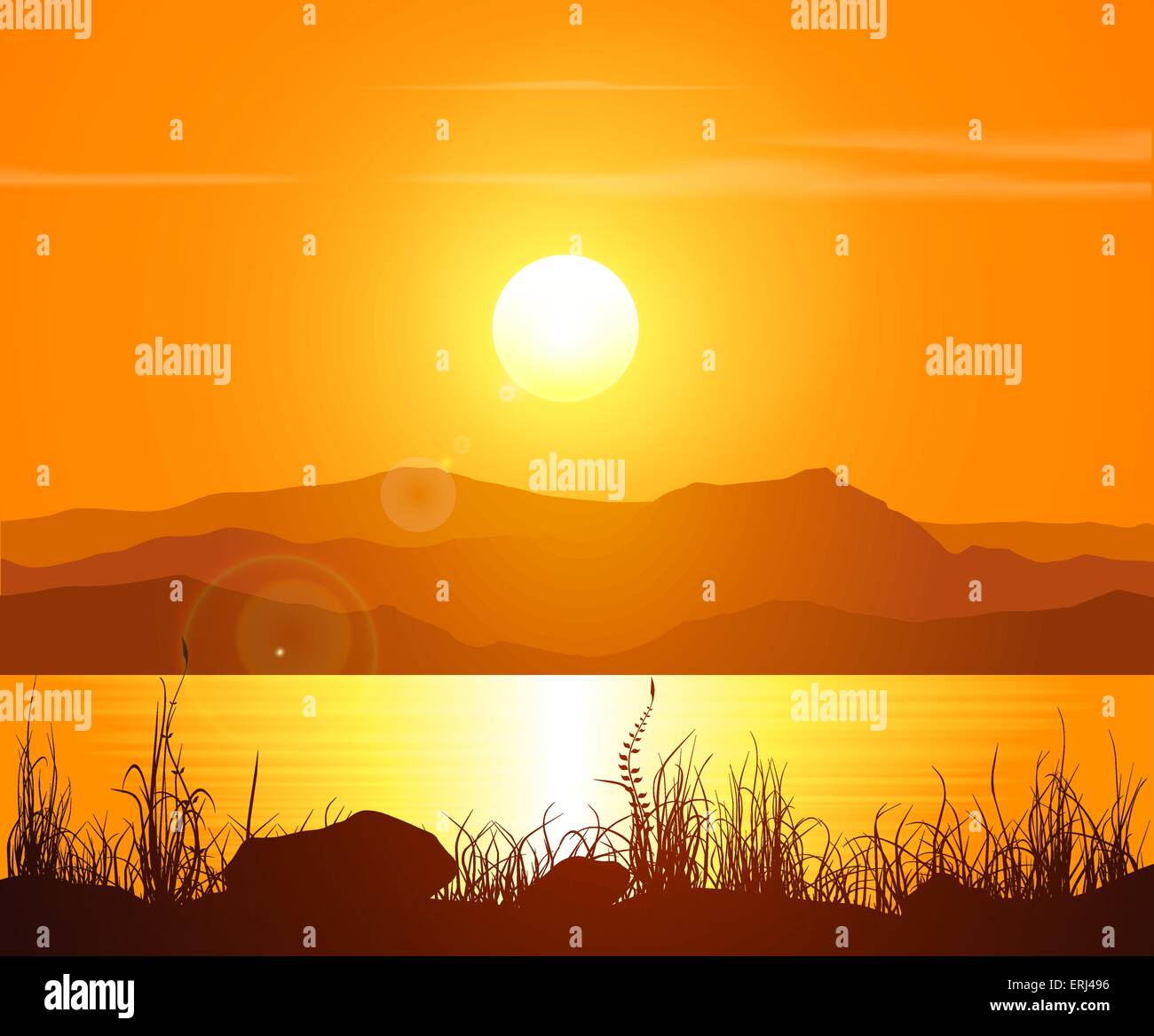 Paysage avec le coucher du soleil au bord de la mer plus de montagnes. Vector illustration. Illustration de Vecteur
