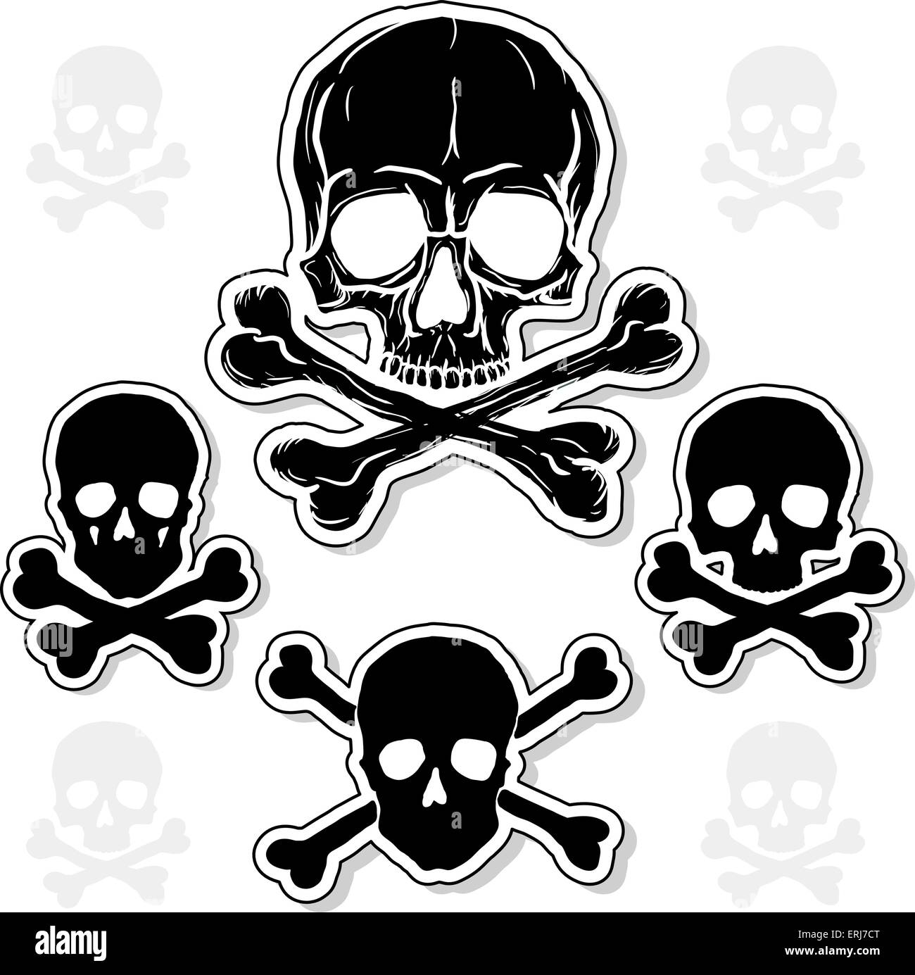 Ensemble de têtes de mort avec deux os croisés isolated over white background. Dessin à main levée. Illustration de Vecteur