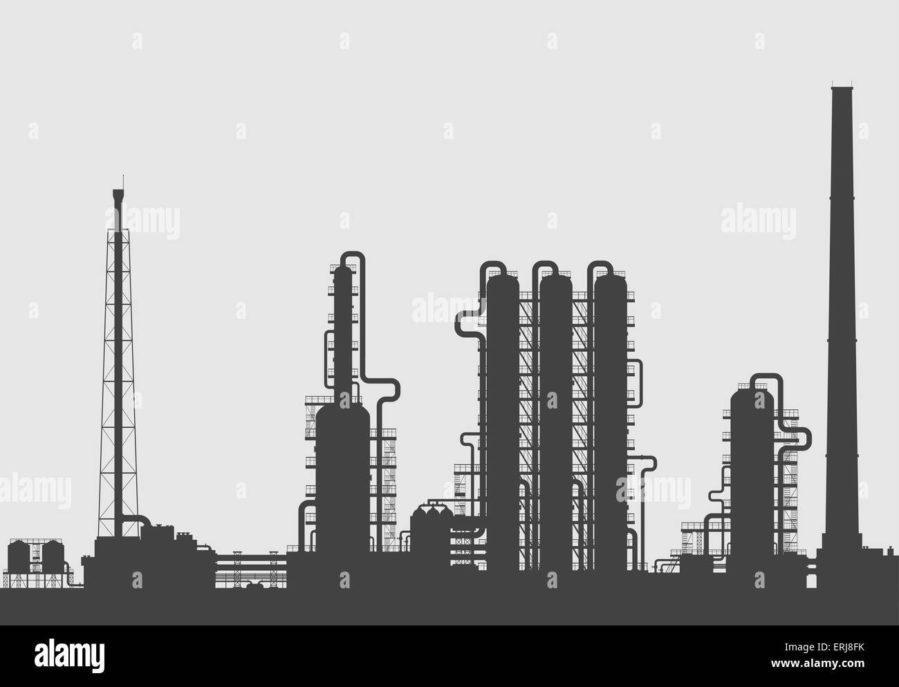 Raffinerie de pétrole ou silhouette de l'usine de produits chimiques. Vector illustration détaillée isolé sur fond gris. Illustration de Vecteur