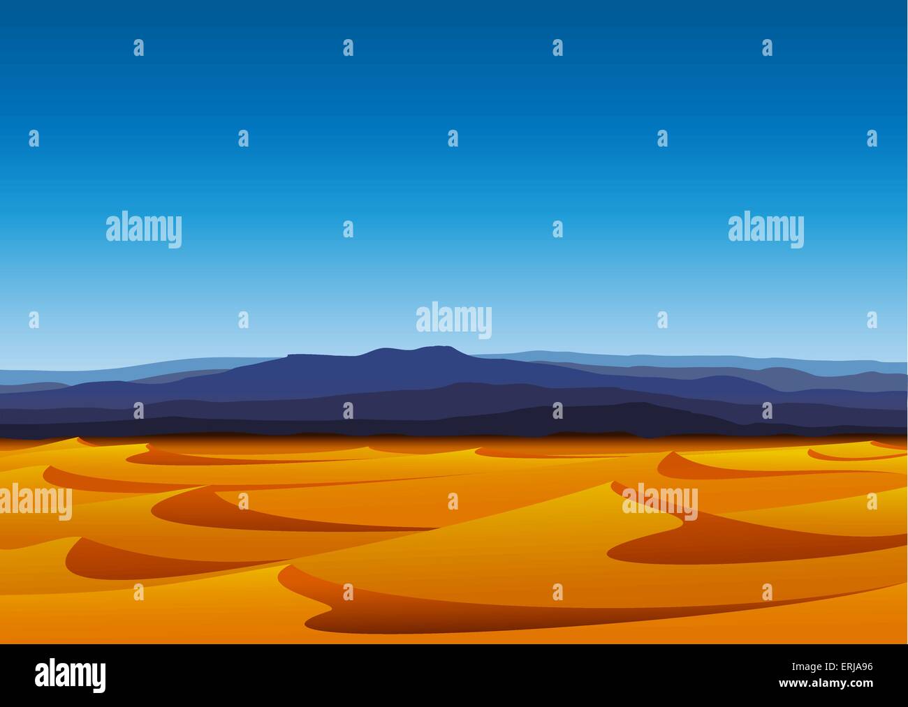 Chaude journée de désert aride avec des dunes de sable jaune et bleu montagne Illustration de Vecteur