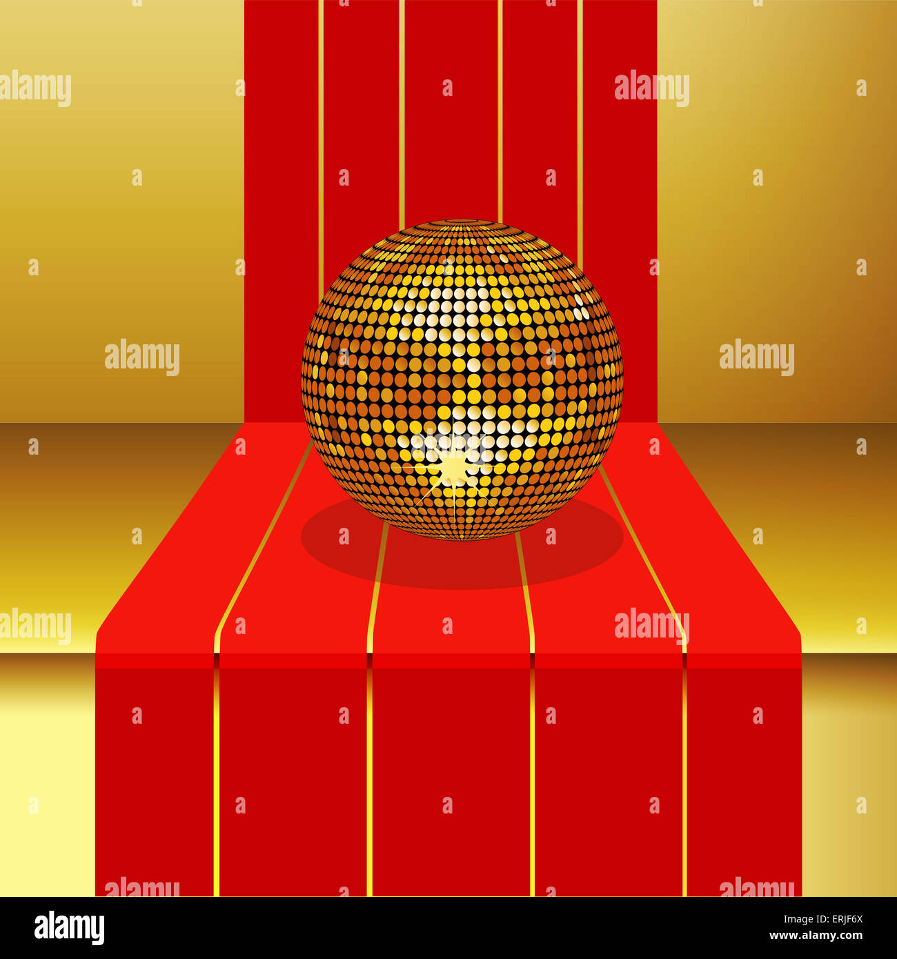 Boule disco d'or sur l'étape 3D avec bandes rouges Banque D'Images