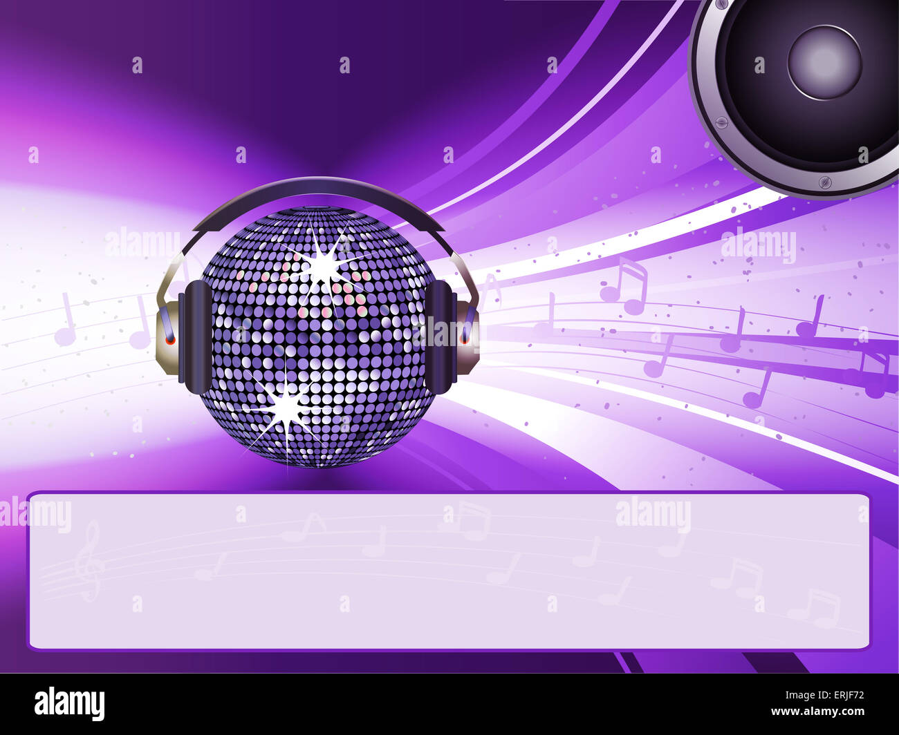 Boule disco avec casque et le Président sur l'arrière-plan lumineux violet avec étiquette pour votre message Banque D'Images