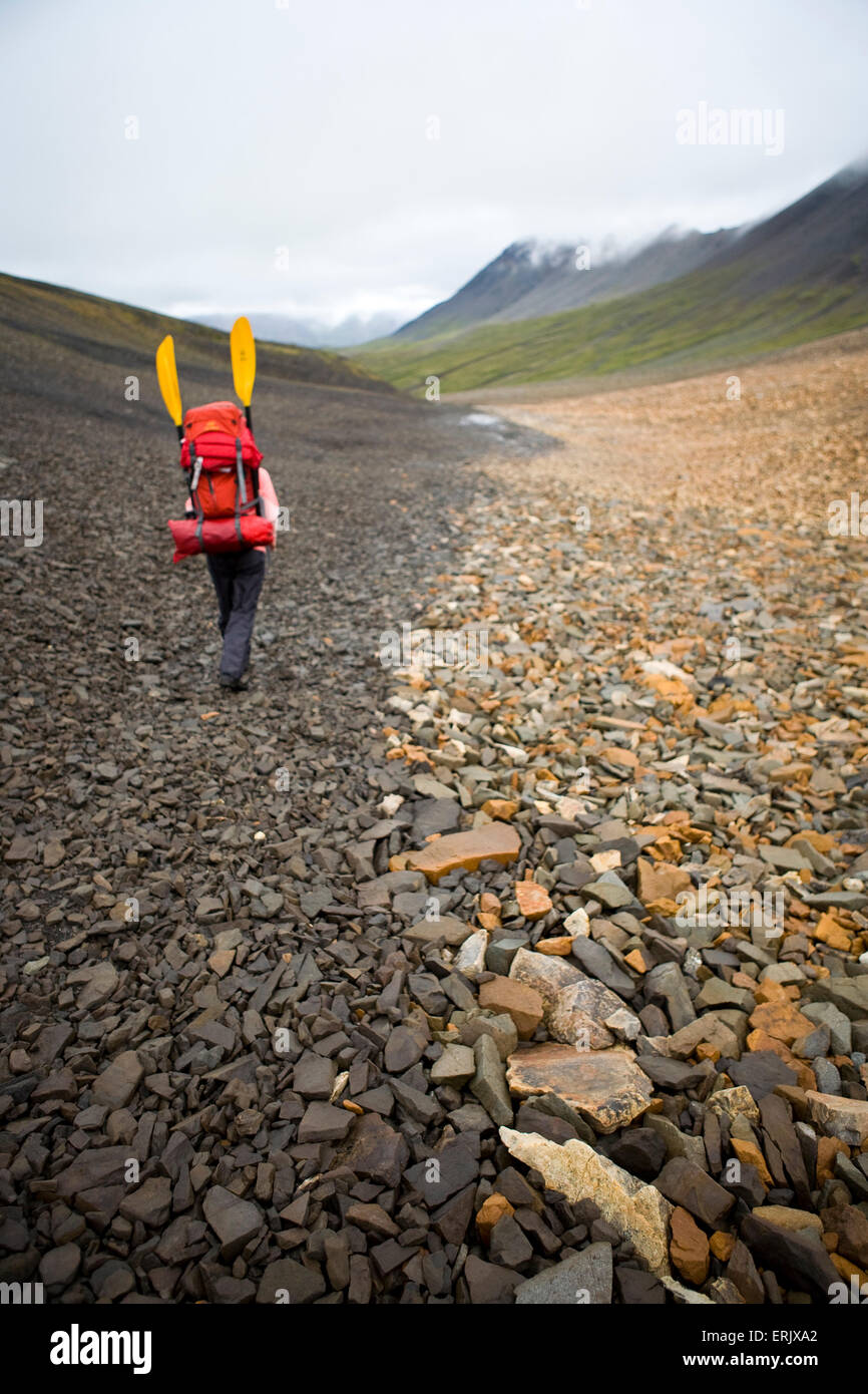 Personne randonnées sur plusieurs éboulis de couleur sur un passage dans le parc national Denali, en Alaska. Banque D'Images