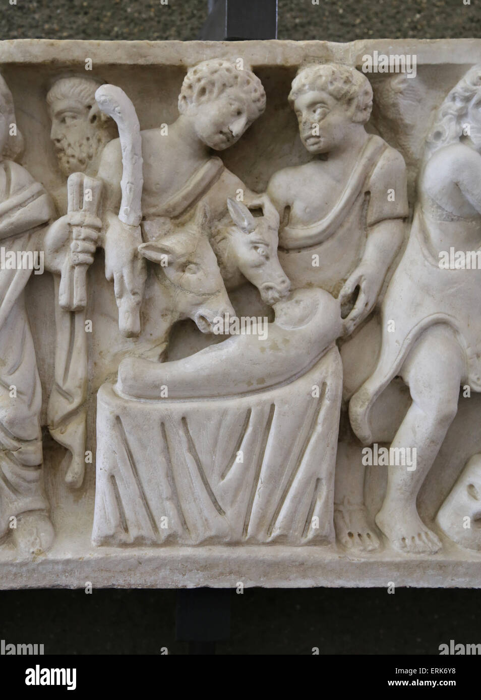 Début de Christian. Sarcophage romain. Adoration des bergers. Banque D'Images