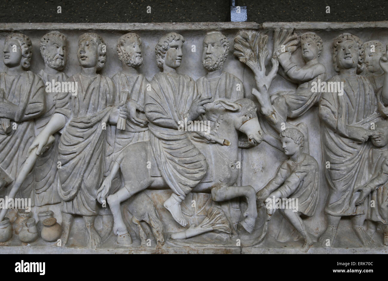 Début de Christian. Sarcophage romain. Entrée triomphale de Jésus dans Jérusalem. 4e ch. Banque D'Images