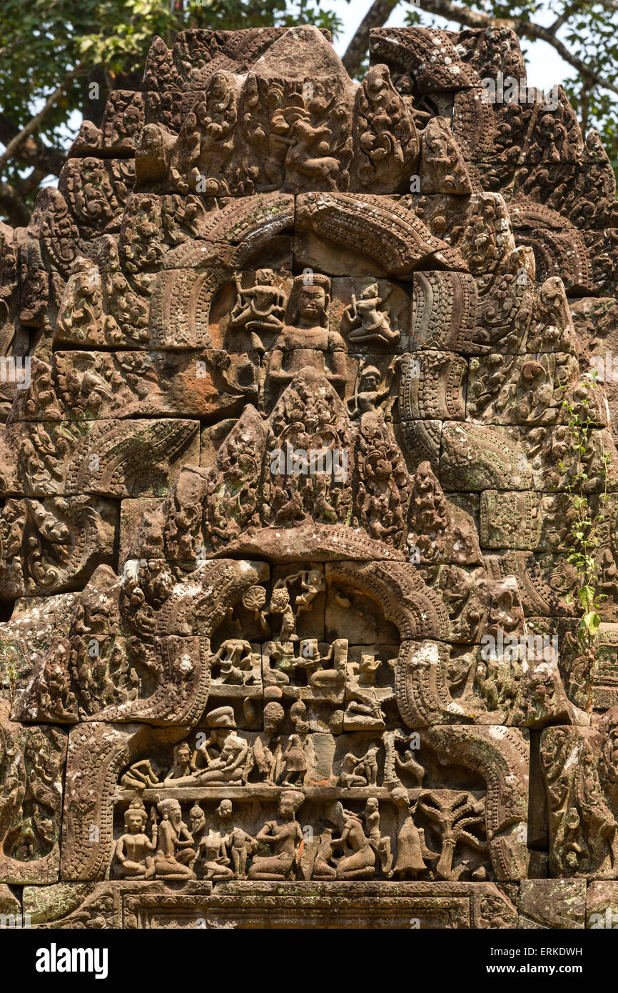 Bibliothèque, relief sur le gable, épique Ramayana, Chau Say Tevoda temple, Angkor, la Province de Siem Reap, Cambodge Banque D'Images