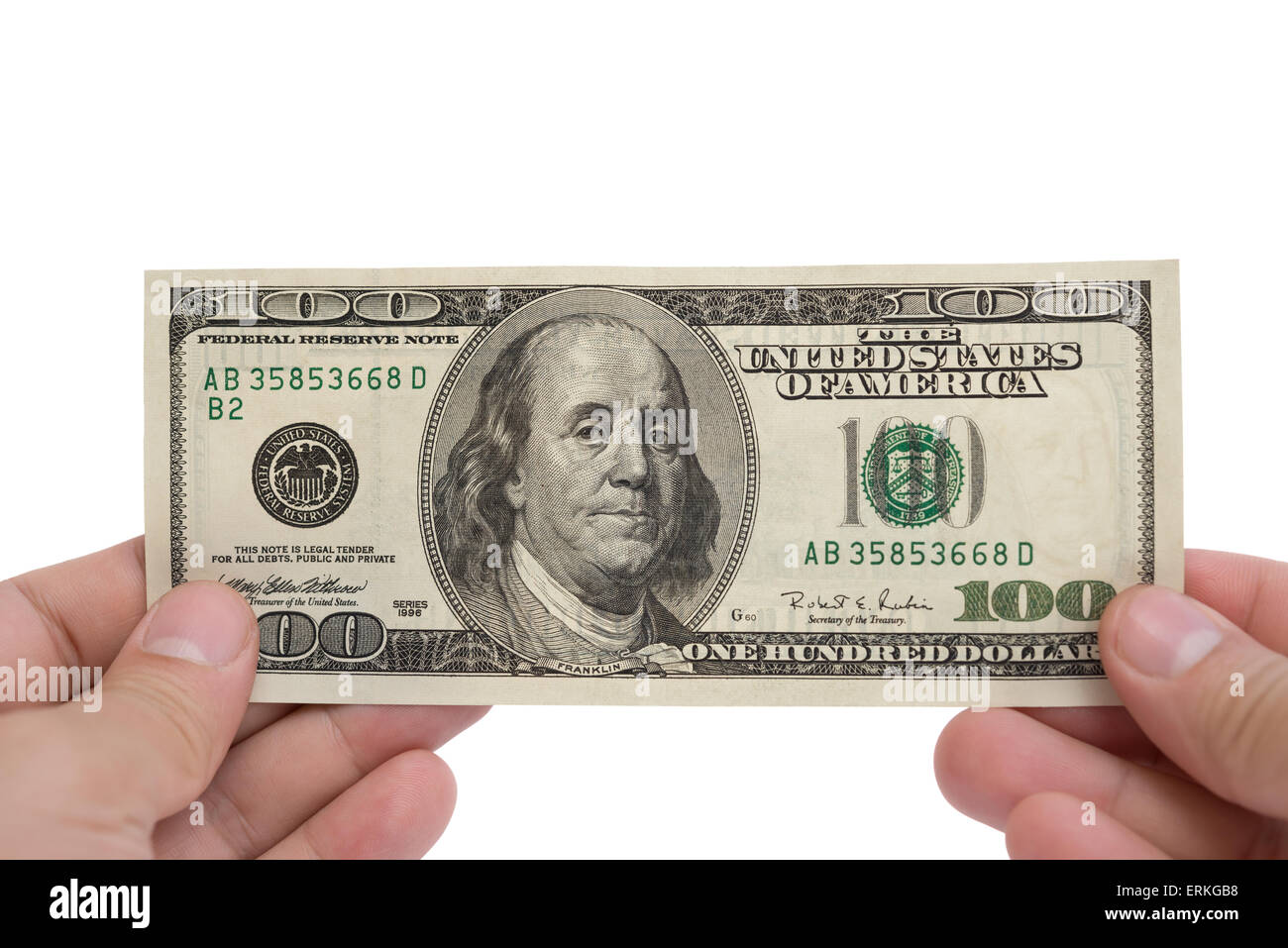 Main tenant un papier-monnaie USD 100 on white with clipping path Banque D'Images