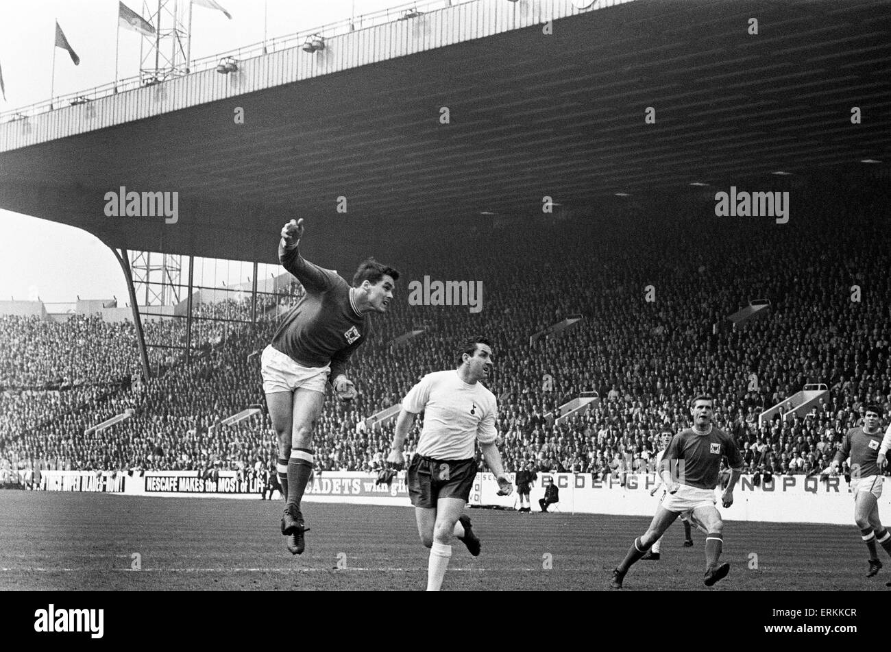 FA Cup Semi finale match à Hillsborough. 2 Tottenham Hotspur v Nottingham Forest 1. Contre l'imposante toile de fond de stand, en porte-à-faux ' Forest lance Frank Wignall s'élève au-dessus de Spurs dreadnought Dave Mackay pour fournir un en-tête au but au cours de la FA Cup 1967 demi-finale à Hillsborough, mais la chance est allé à la mendicité. Bobby McKinlay, ayant fait un bond en avant de la défense, attend en vain la balle à déposer pour lui. 29 avril 1967. Banque D'Images