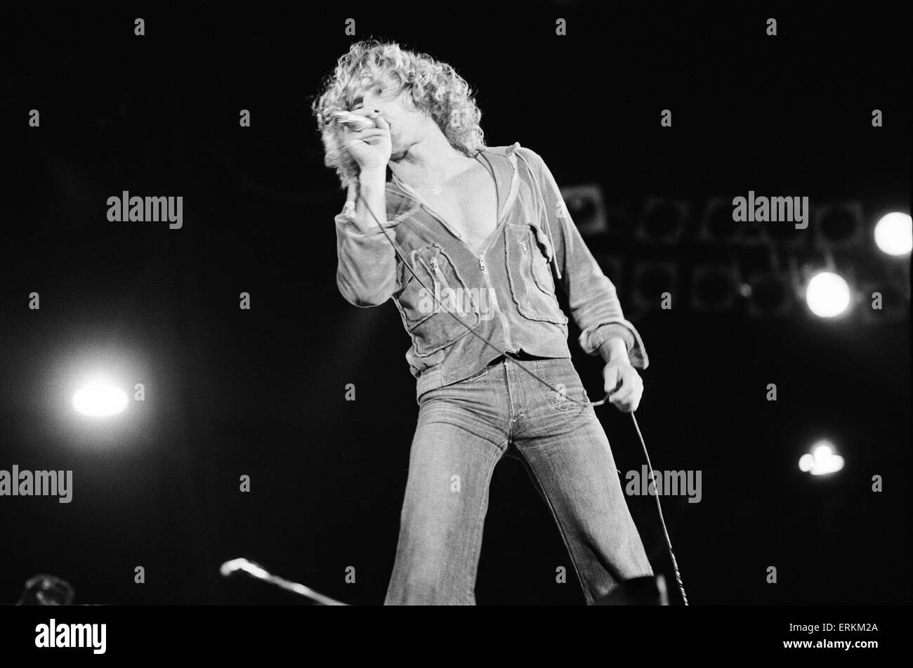Le groupe de rock qui en concert à La Vallée, terrain du Charlton Athletic Football Club. Chanteur Roger Daltrey. 31 mai 1976. Banque D'Images