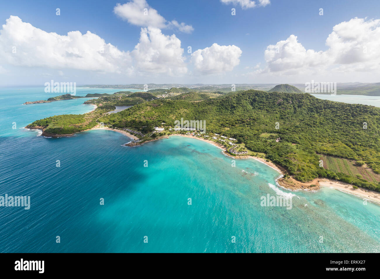 Vue aérienne de la côte accidentée de Antigua pleine de baies et plages bordées par une végétation tropicale dense, Antigua Banque D'Images