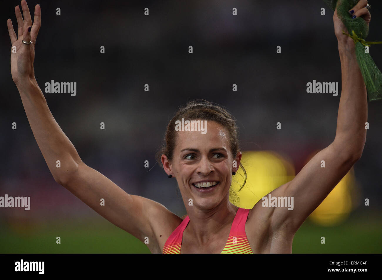 Rome, Italie. 04 Juin, 2015. Ligue de diamant de l'IAAF Golden Gala de Rome. Jenny Simpson (USA) remporte le 1500m en womens Crédit : Action Plus Sport/Alamy Live News Banque D'Images