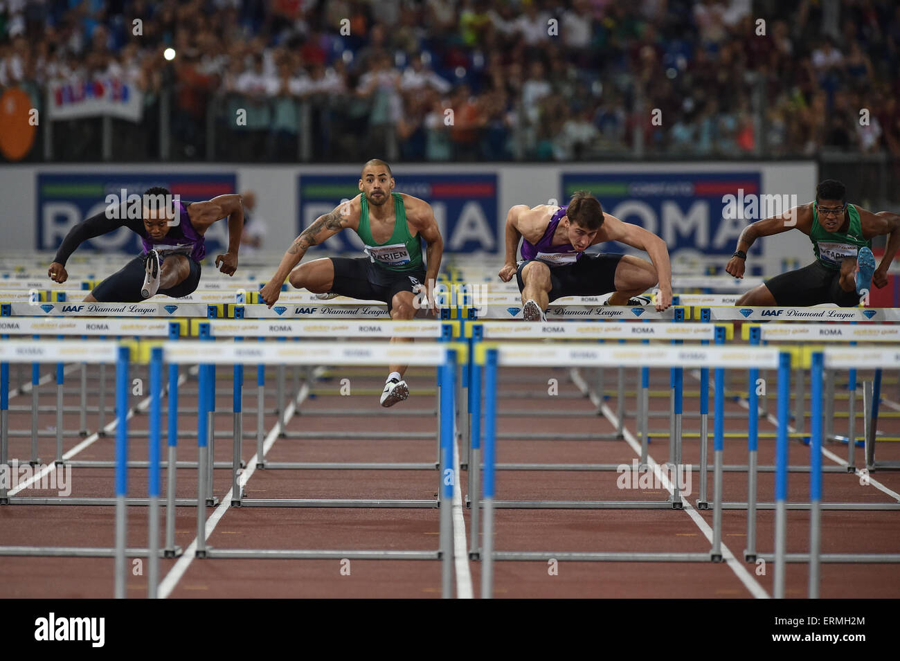 Rome, Italie. 04 Juin, 2015. Ligue de diamant de l'IAAF Golden Gala de Rome. Dimitri Bascou (FRA), Garfield Darien (FRA), Sergey Shubenkov (RUS), Yordan O'Farrill (CUB) lors de la mens 110m haies : Action Crédit Plus Sport/Alamy Live News Banque D'Images