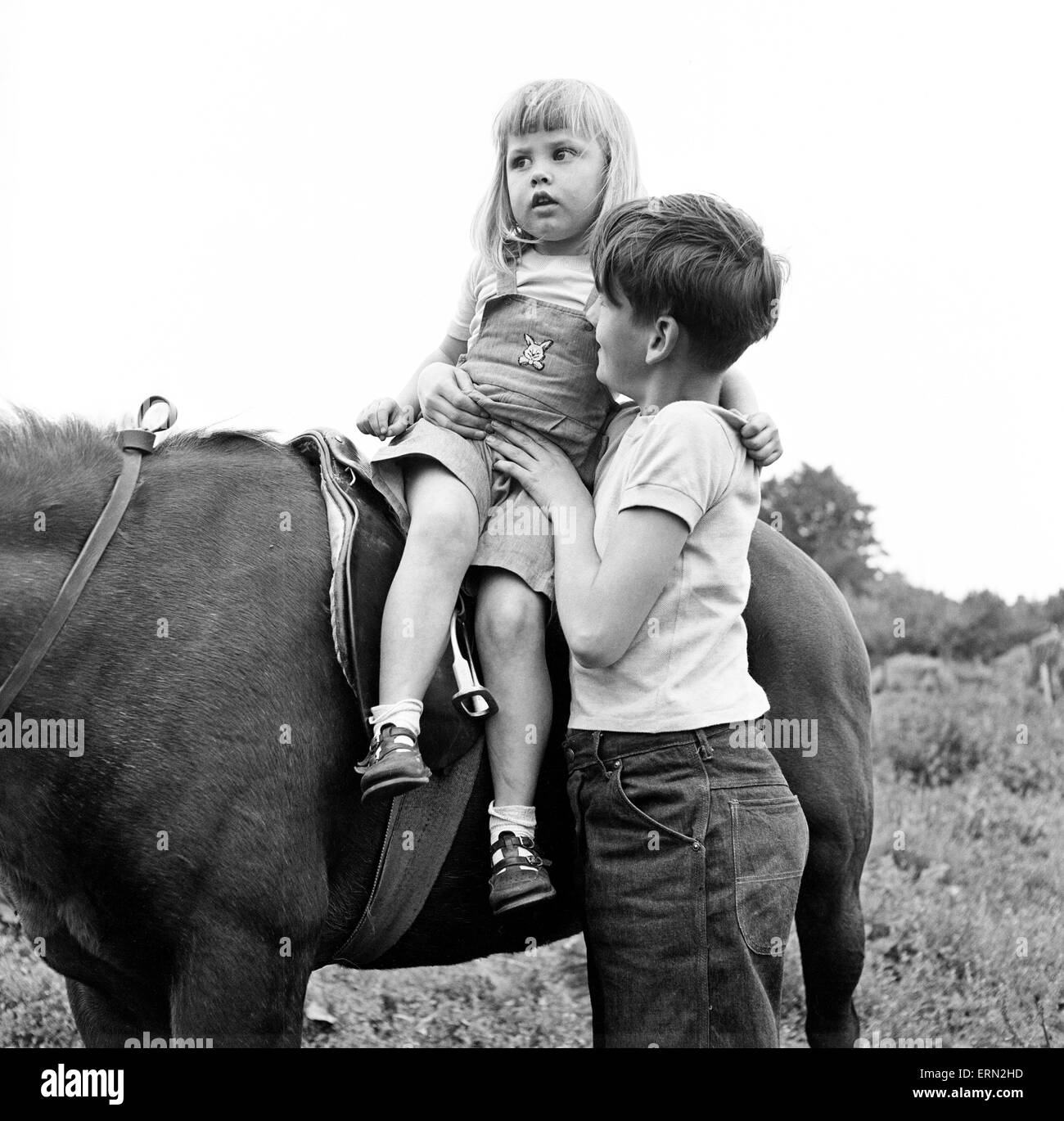 Frères et sœurs, Helen (3) et Paul Burrows (9) de Waterloo, Londres, profiter de leur première journée à la campagne dans une ferme de Chipperfield, Herts, 7 septembre 1956. Banque D'Images