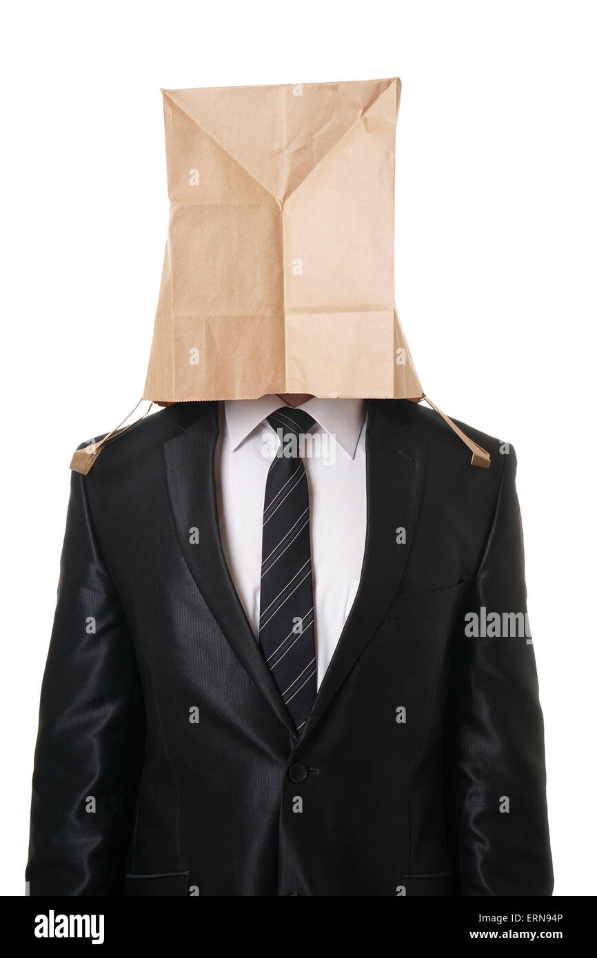 Businessman avec sac de papier sur la tête Banque D'Images