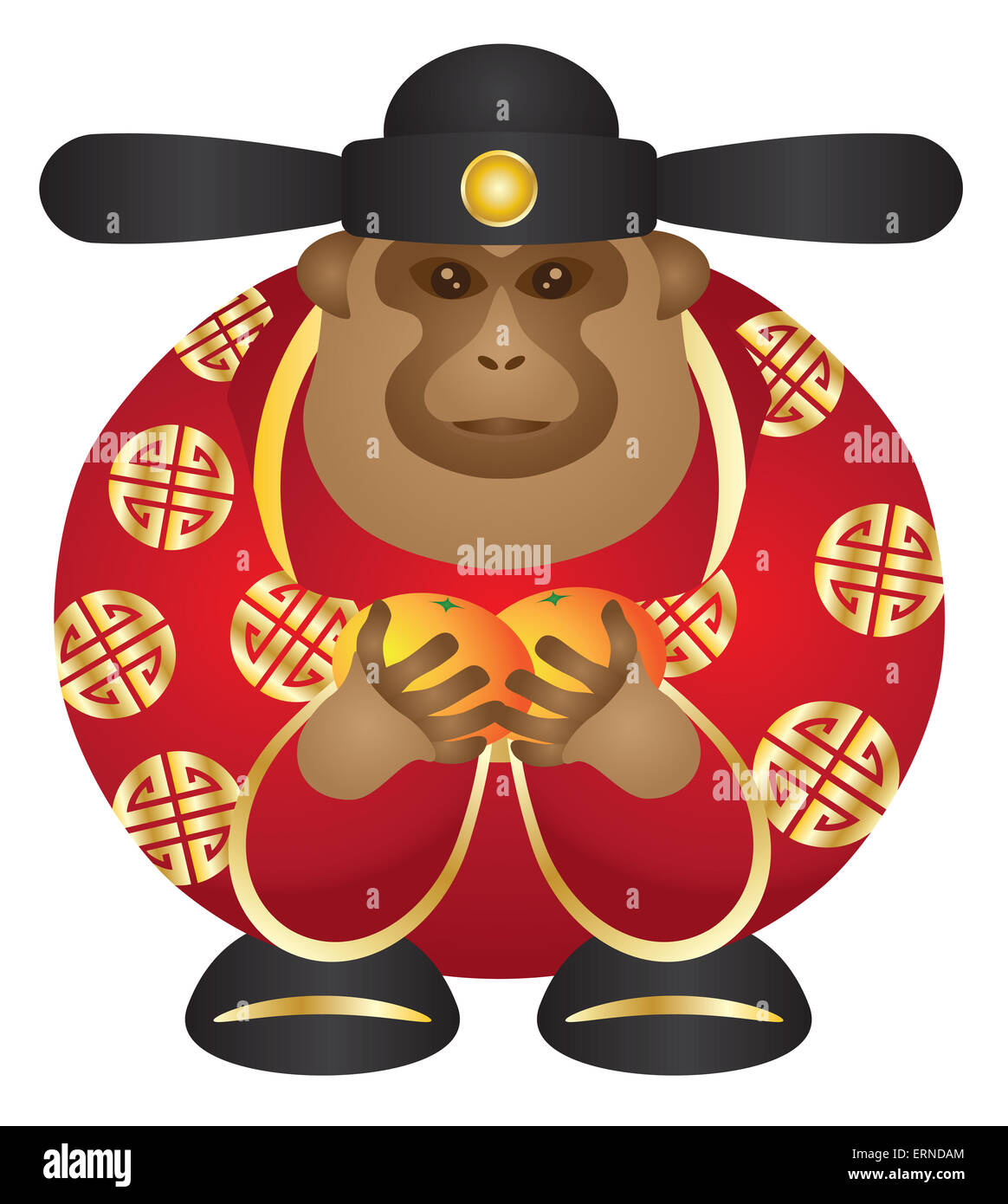 2016 Nouvelle Année lunaire chinoise singe dieu argent Zodiaque avec les oranges et le texte chinois, symbole de longévité Illustration Couleur Banque D'Images