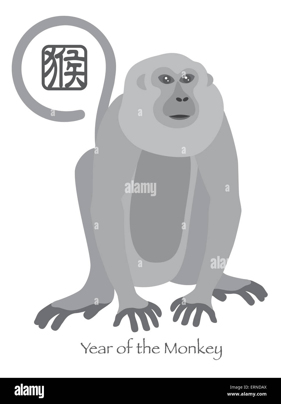 2016 Le Nouvel An chinois du Singe assis avec texte chinois de zodiaque symbole de singe gris Illustration Banque D'Images