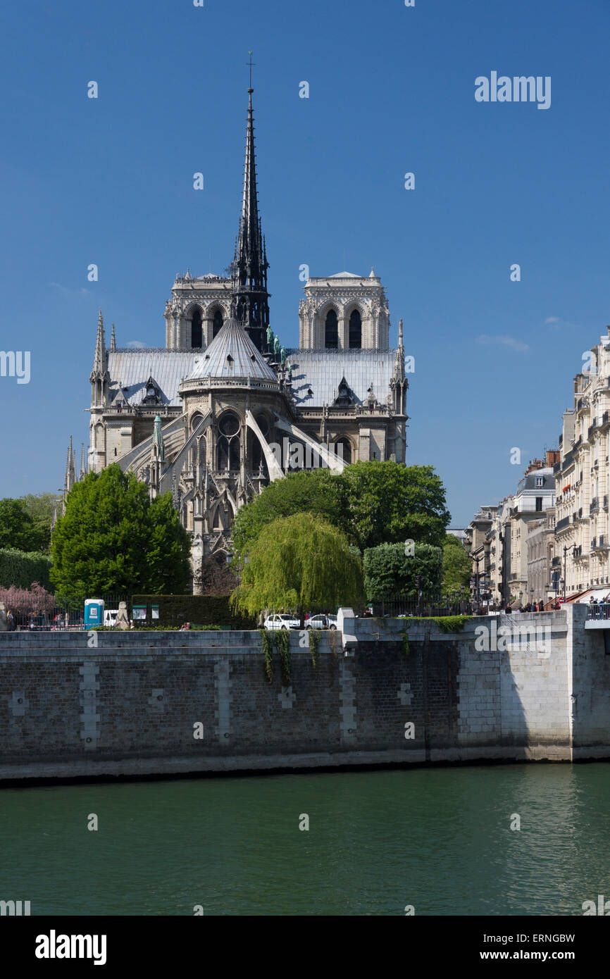 Une vue sur la façade est avant feu de la cathédrale gothique médiévale notre Dame de Paris en été 2014 prise du quai d'Orléans, Paris, France Banque D'Images