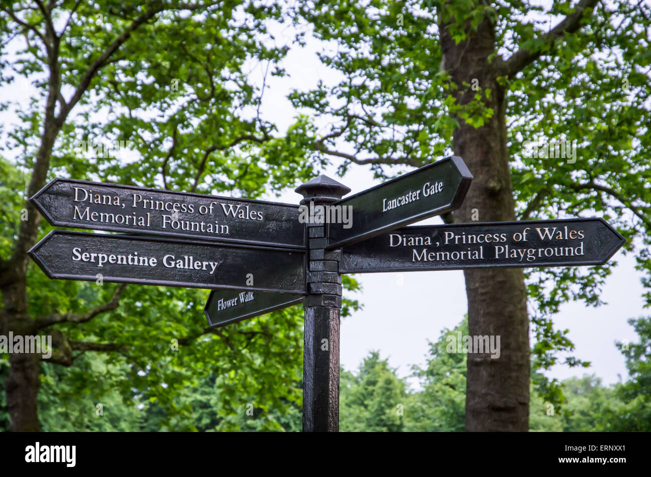 Panneau routier indiquant la direction pour Memorial Fountain et aire de Princess Diana Memorial Banque D'Images