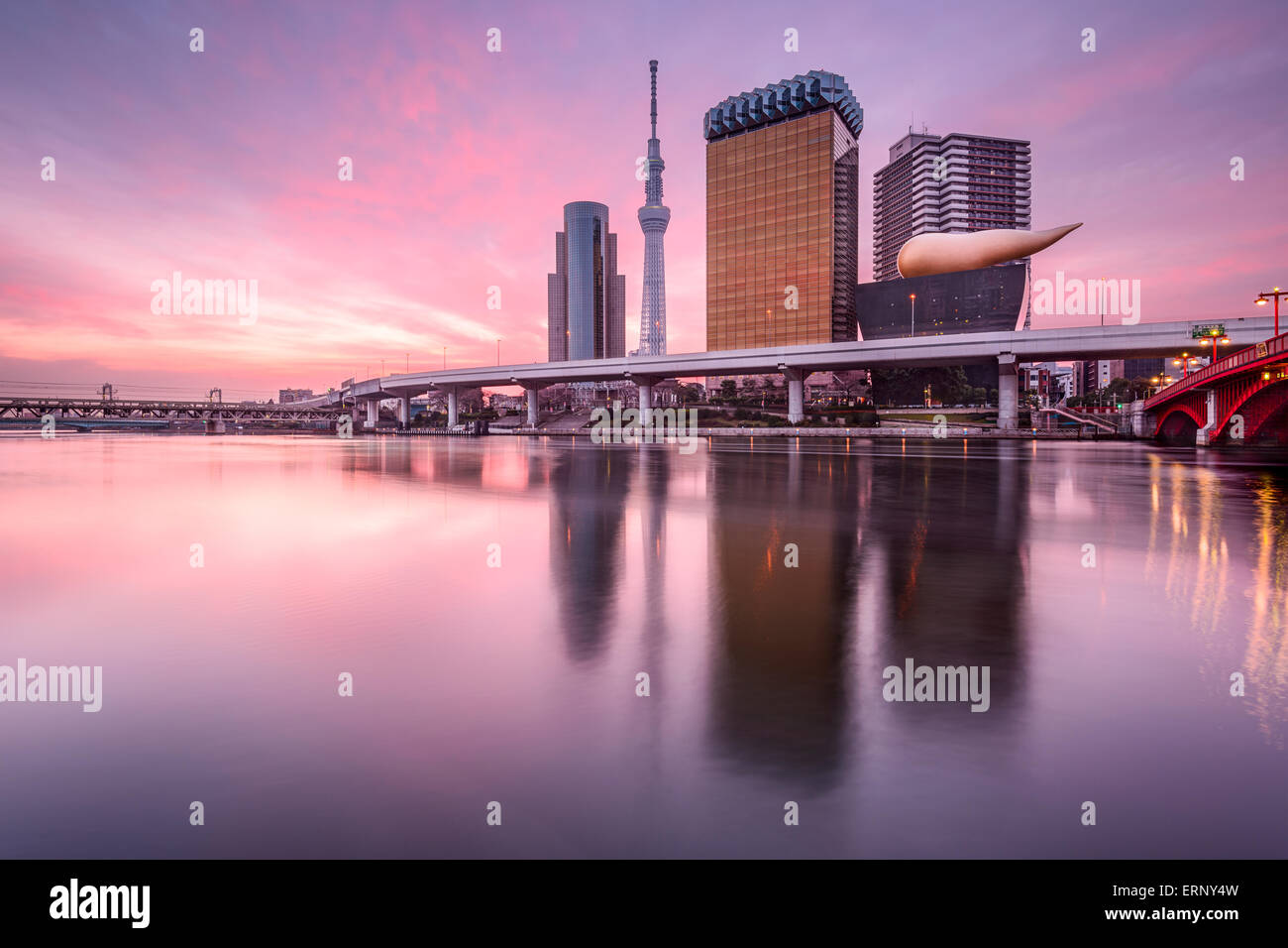 Tokyo, Japon skyline sur la rivière Sumida, à l'aube. Banque D'Images
