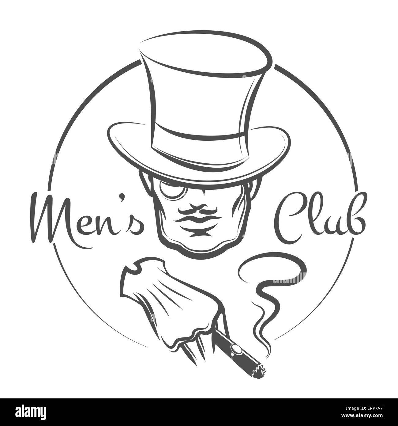 Mens logo du club ou de l'emblème. Homme de la hat fume un cigare. Isolé sur fond blanc monochrome. Seulement libre police utilisée. Illustration de Vecteur