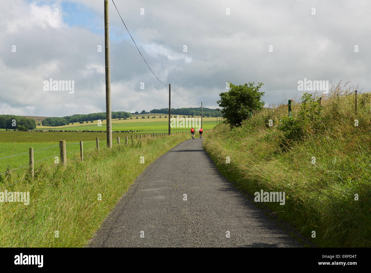 Deux cyclistes équitation dans la distance sur une route très étroite dans la campagne du Hampshire. Banque D'Images