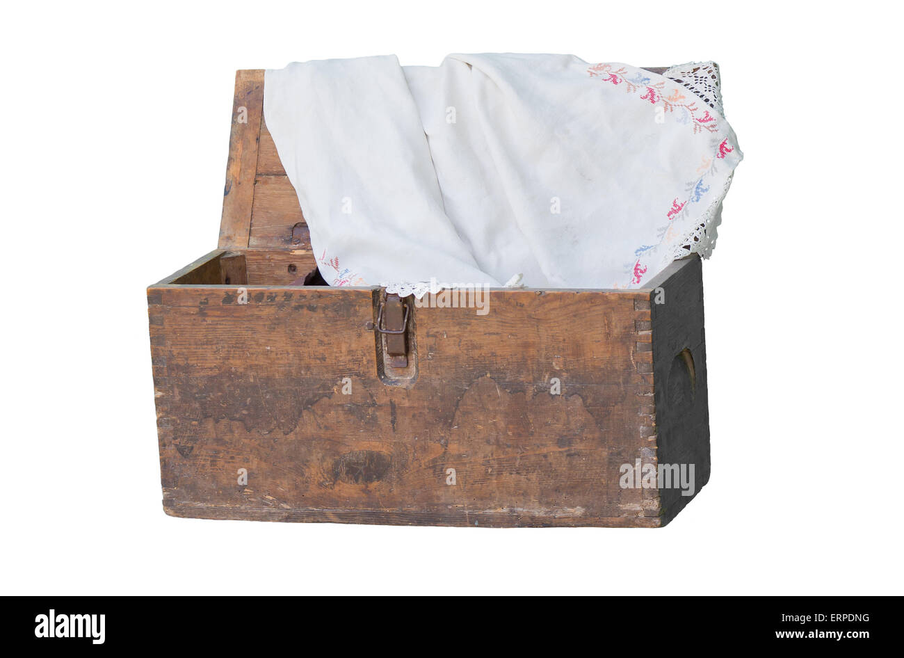 Une vieille boîte en bois de grand-mère avec des textiles brodés ukrainiens. Banque D'Images