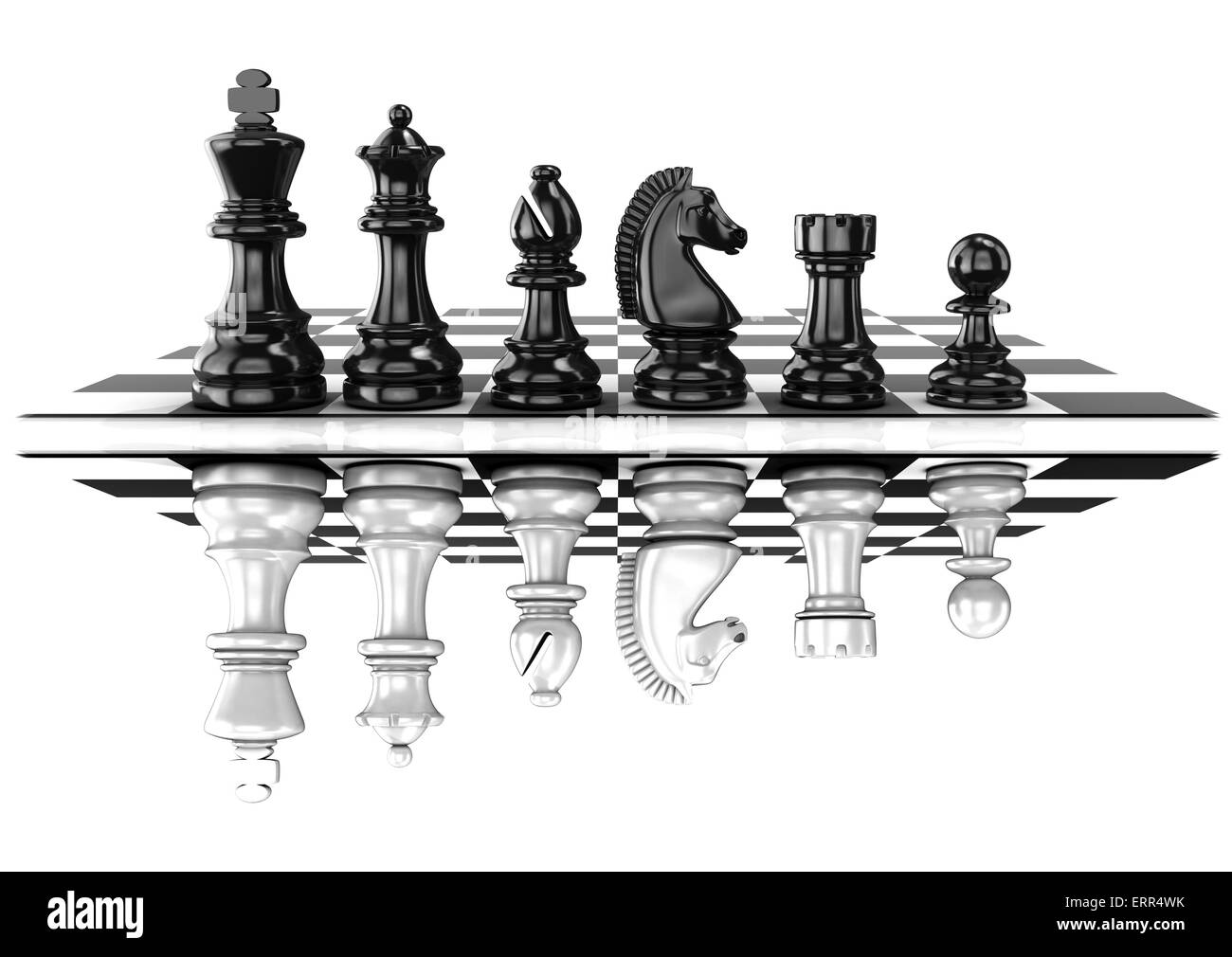 Des pions noirs et blancs, debout à bord, mis en miroir. Isolé sur fond blanc Banque D'Images Des pions noirs et blancs, debout à bord, mis en miroir. Isolé sur fond blanc Banque D'Images