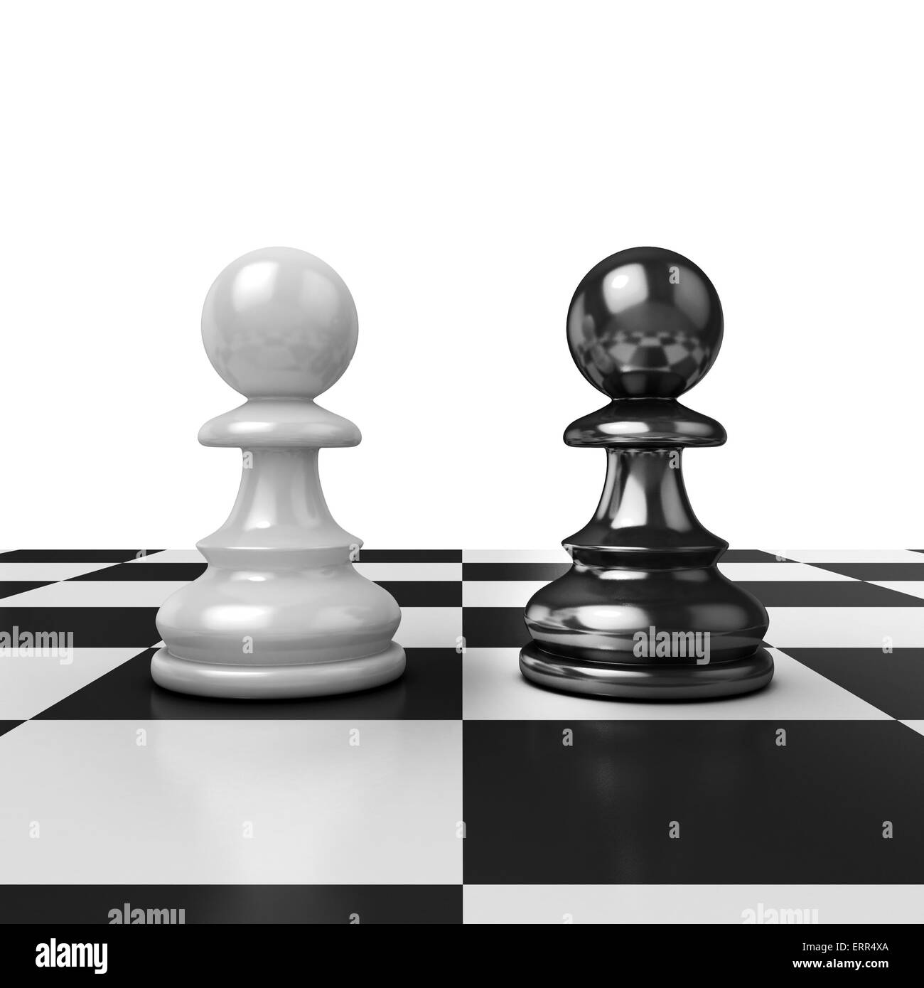 Deux pions d'échecs, figures en noir et blanc à bord Banque D'Images Deux pions d'échecs, figures en noir et blanc à bord Banque D'Images