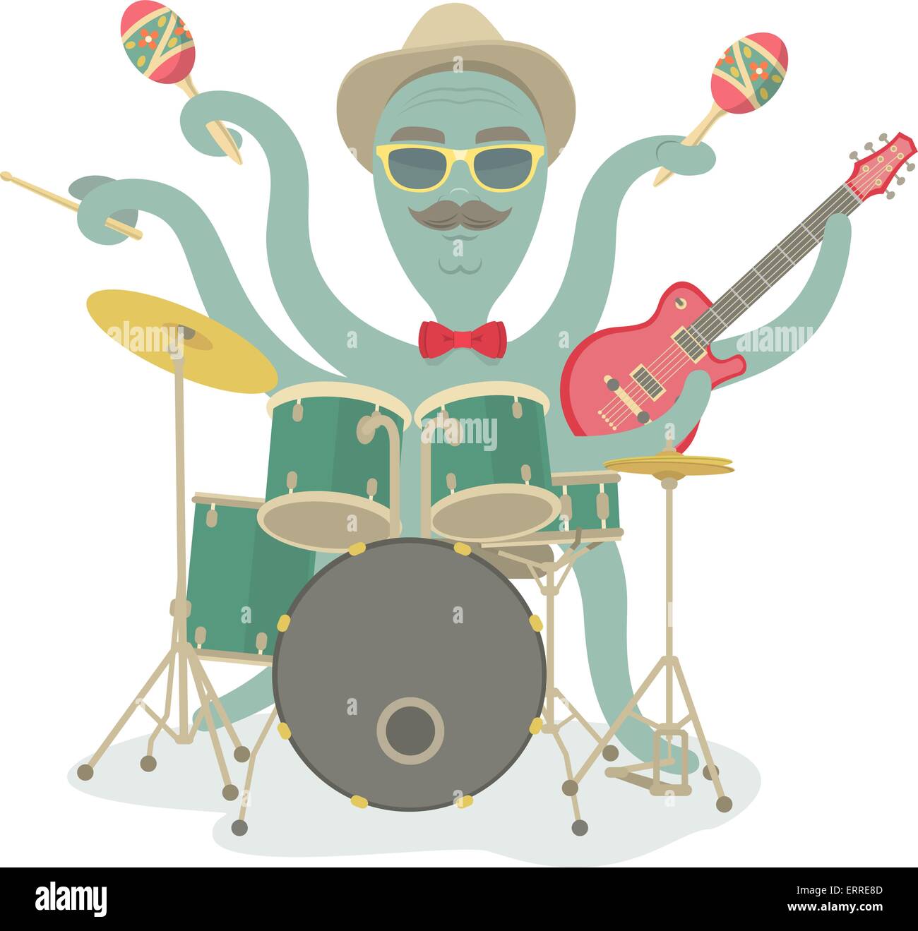 Vector cartoon illustration de hipster octopus dans un chapeau, lunettes, noeud  papillon et une moustache à jouer de la musique par différents instruments  Image Vectorielle Stock - Alamy