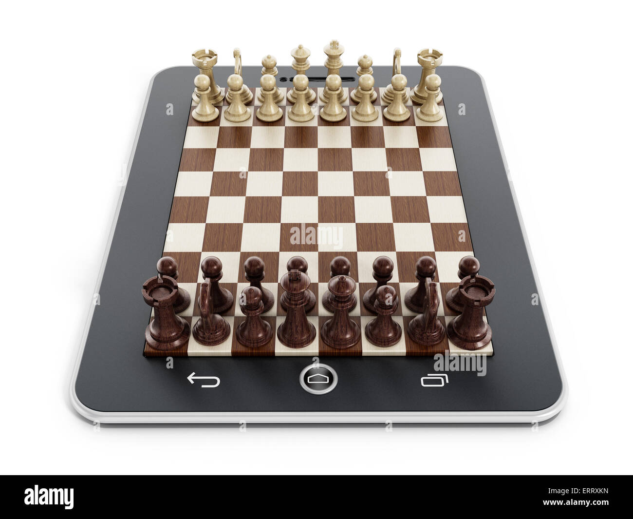 Pièces des échecs sur tablette ordinateur isolé sur fond blanc Banque D'Images