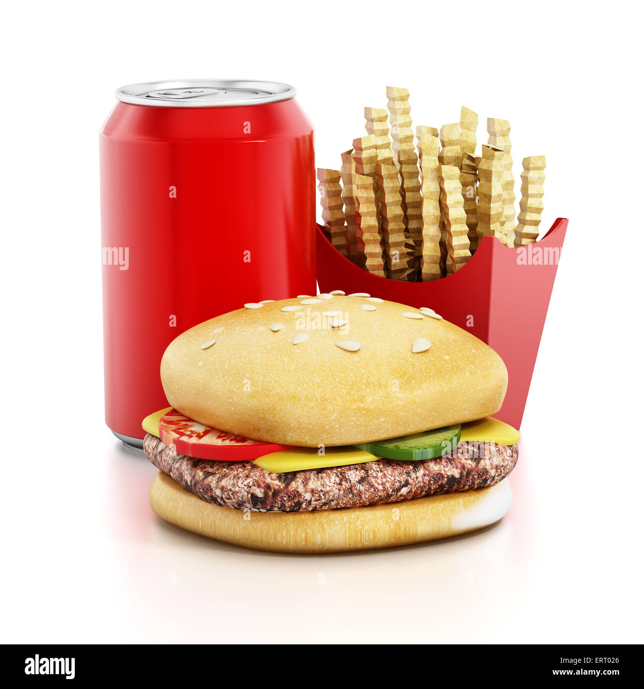 Hamburger, frites et soda isolé sur fond blanc Banque D'Images