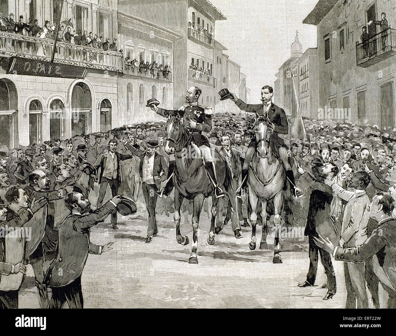 Le Brésil. Rio de Janeiro. Proclamation de la République du Brésil. Ovation populaire pour le maréchal Deodoro da Fonseca (1827-1892) et Barao do Rio (1836-1912) dans Cuvidor Street. Le 15 novembre 1889. Gravure, 19ème siècle. Banque D'Images