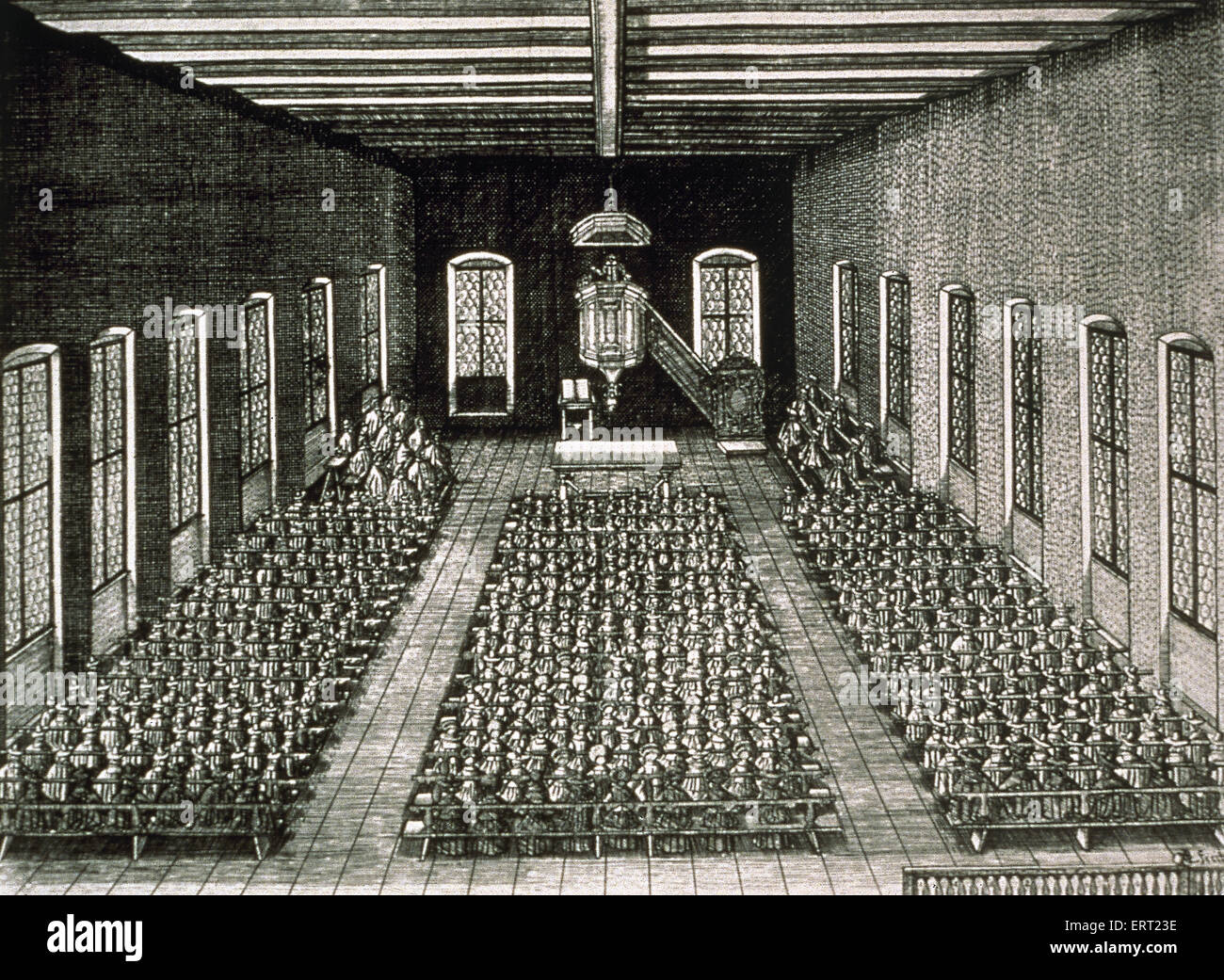 Le calvinisme. Le service dans l'Eglise réformée de Stein, Nuremberg. Gravure sur cuivre, 17ème siècle. Banque D'Images