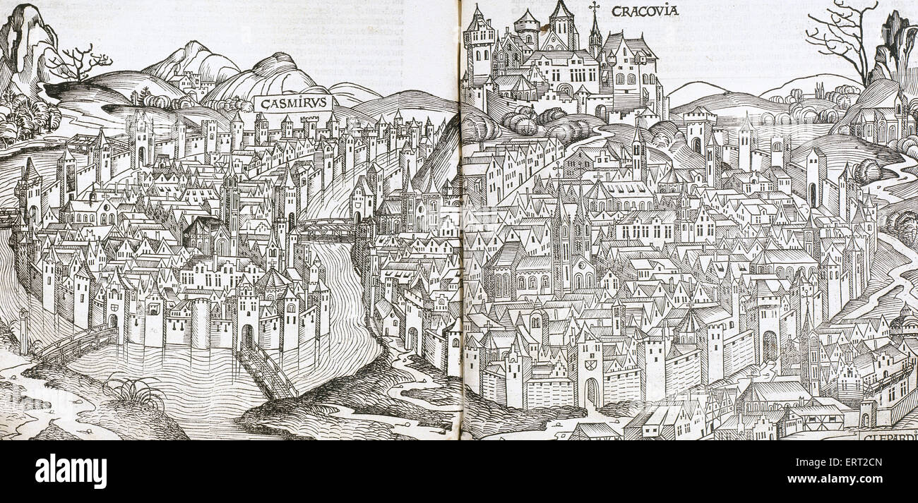 La Pologne. Cracovie. Panorama. Gravure, 16ème siècle. Banque D'Images