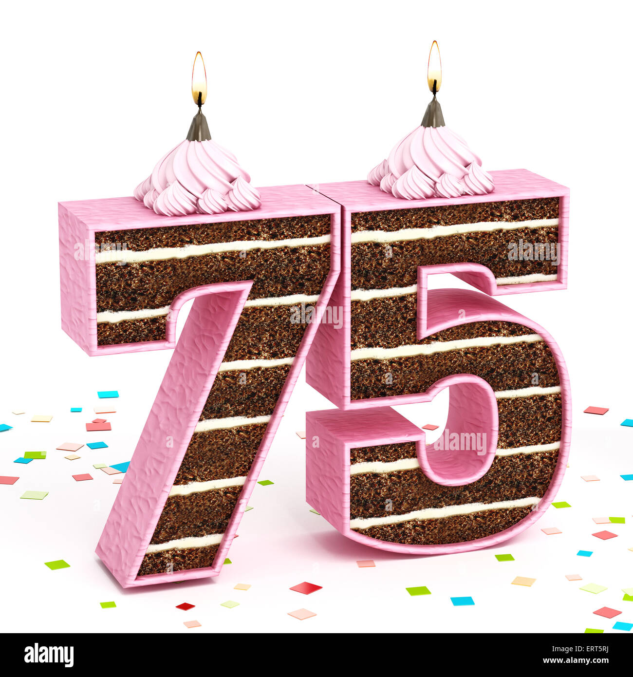 Numéro 75 gâteau avec bougies allumées Banque D'Images