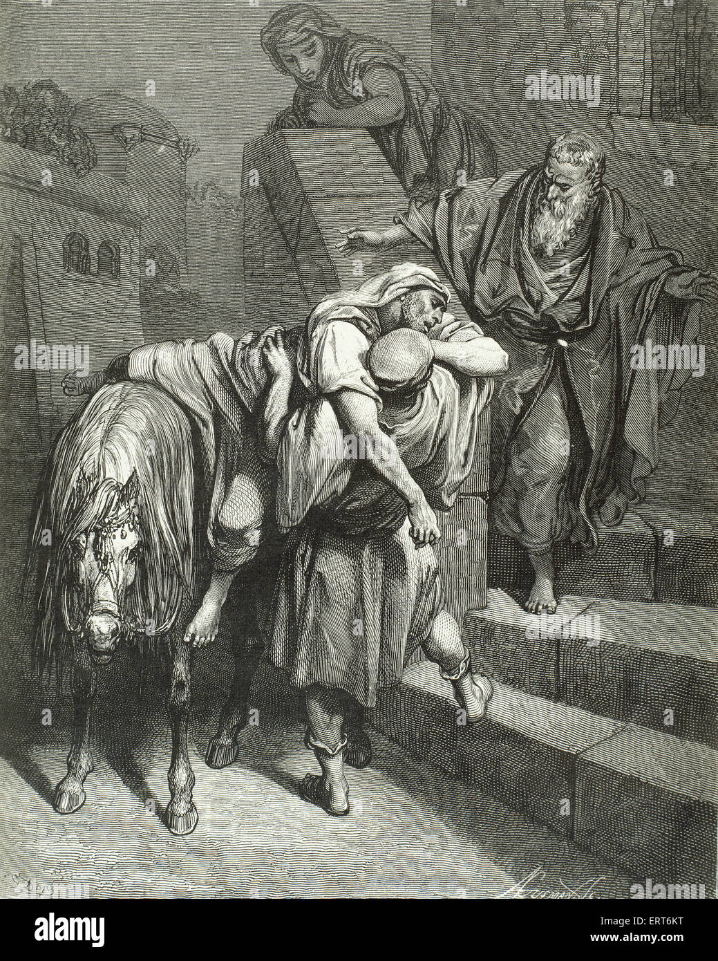 Parabole du Bon Samaritain. Le Bon Samaritain arrive à l'auberge. Évangile selon saint Luc. Gravure de Gustave Dore. 19e siècle. Banque D'Images