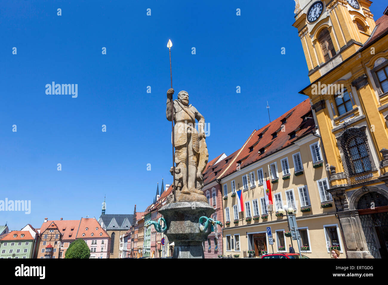 Vieille ville historique, Fontaine de Roland chevalier Cheb, la Bohême de l'Ouest, République Tchèque, Europe Banque D'Images