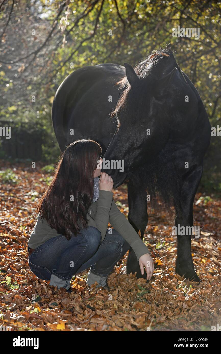 Femme et cheval Frison Banque D'Images