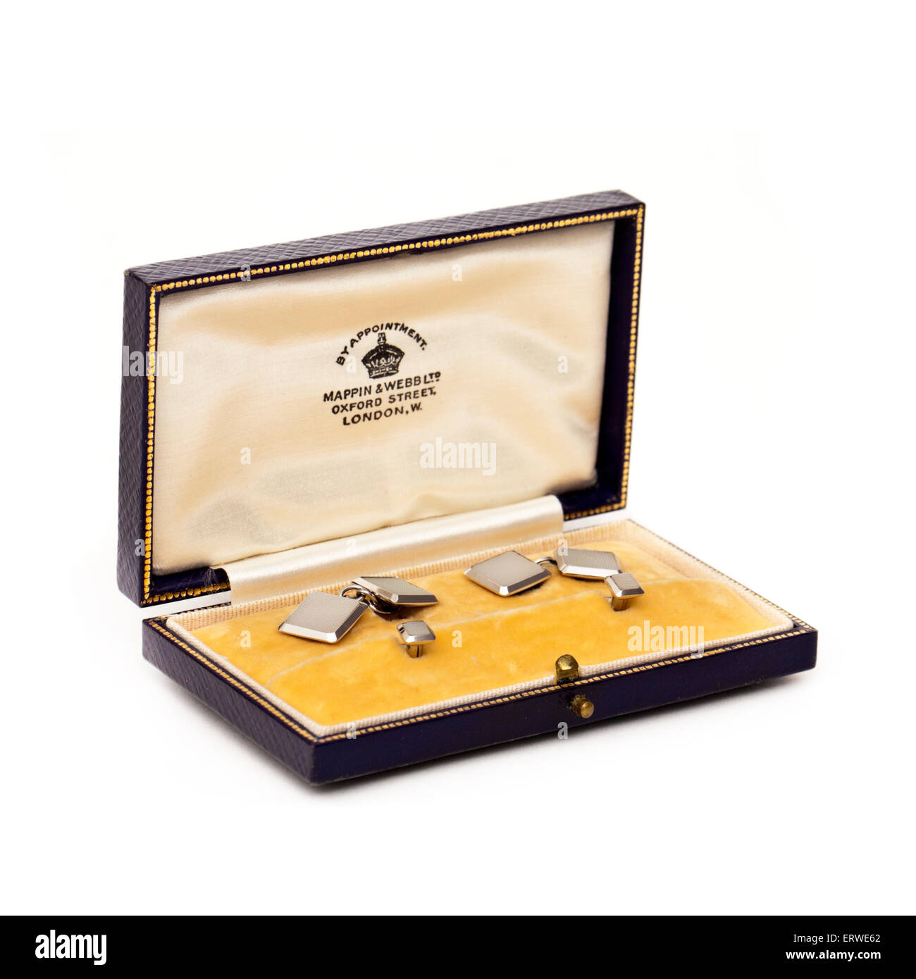 Vintage Mappin & Webb (Oxford Street, Londres) 9 boutons de manchette carrés en or blanc Banque D'Images