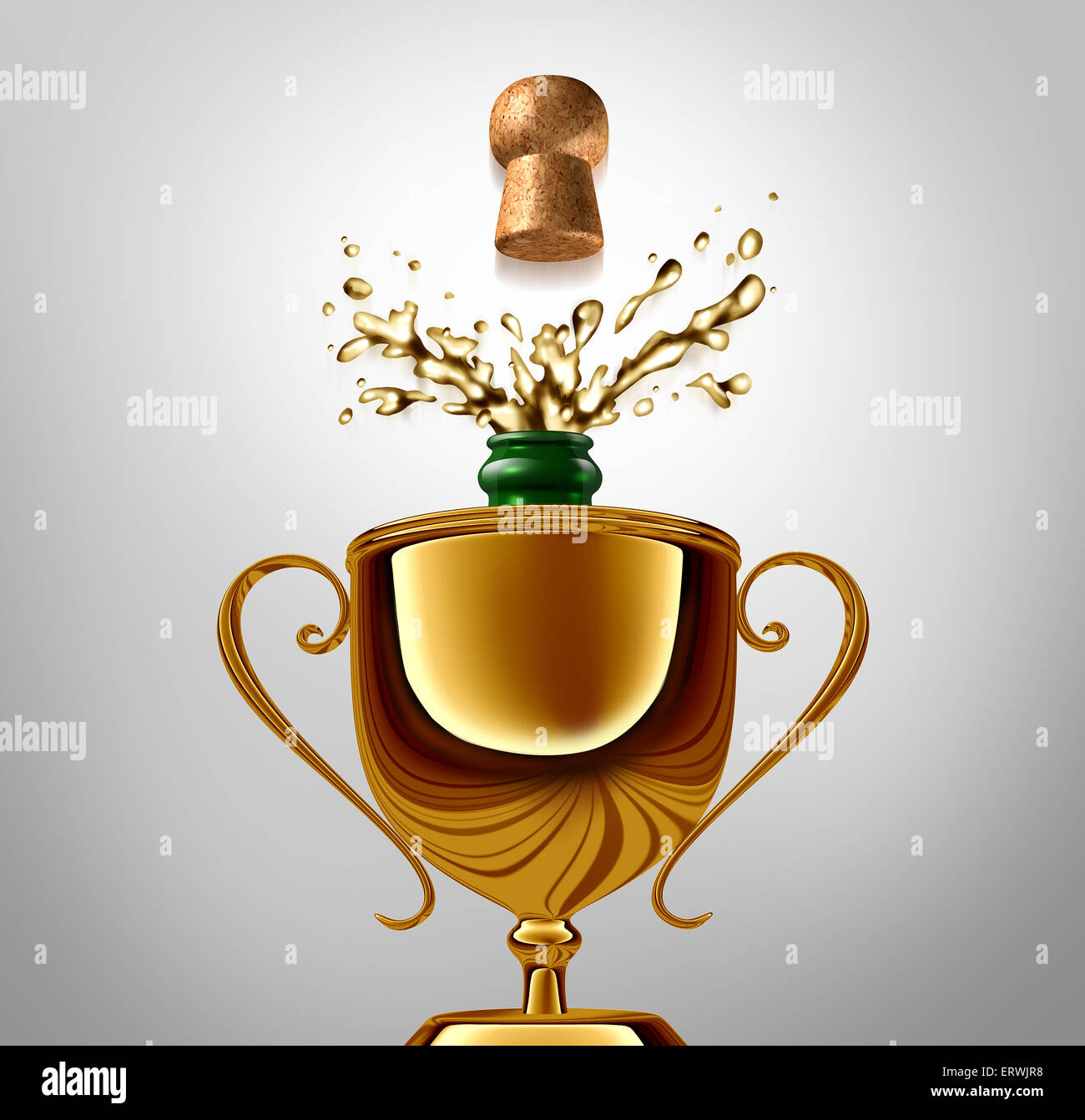 Célébration comme un concept gagnant du trophée d'or avec une bouteille de champagne débouchée à l'intérieur comme une réalisation métaphore et symbole de réussite célébrer une victoire ou heureux événement. Banque D'Images