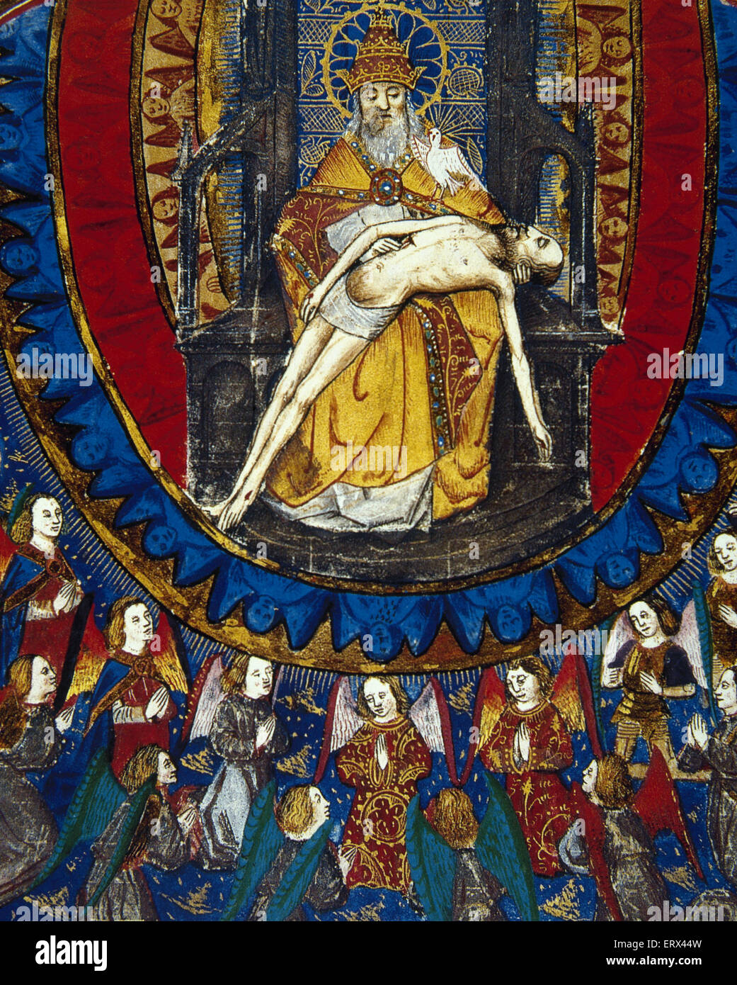 Sainte Trinité. Le père, le Fils (Jésus Christ), et l'Esprit Saint. Minitature de la Somme Abregee de theologie. 15e siècle. Banque D'Images