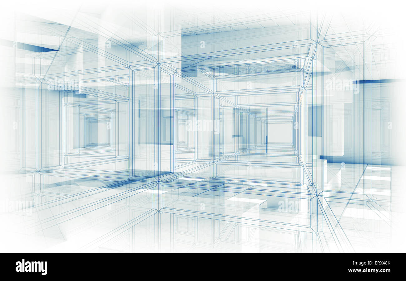 Résumé fond hi-tech. L'intérieur blanc avec des cubes chaotique constructions géométriques et lignes du maillage, 3D render illustrat Banque D'Images